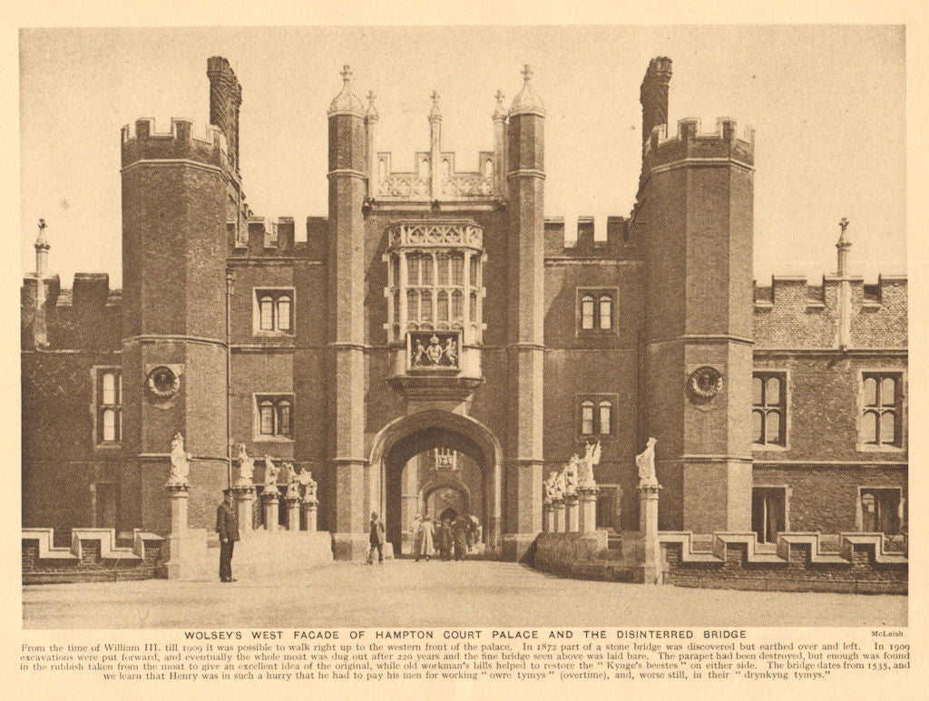 Wolsey's west façade, Hampton Court Palace & the disinterred bridge 1926 print